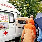 Фотофакт: даже под дождём новгородцы спешат привиться гриппа